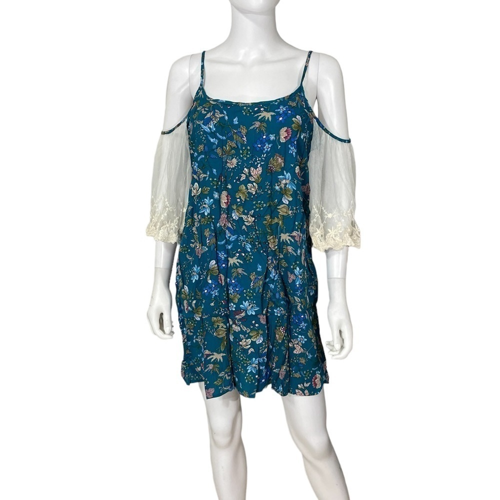 Umgee Teal Floral Cold Shoulder Boho Dress - Picture 3 of 6